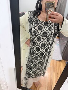 Pakistani dress indian kurta 3 piece Embroidered Black & White dress